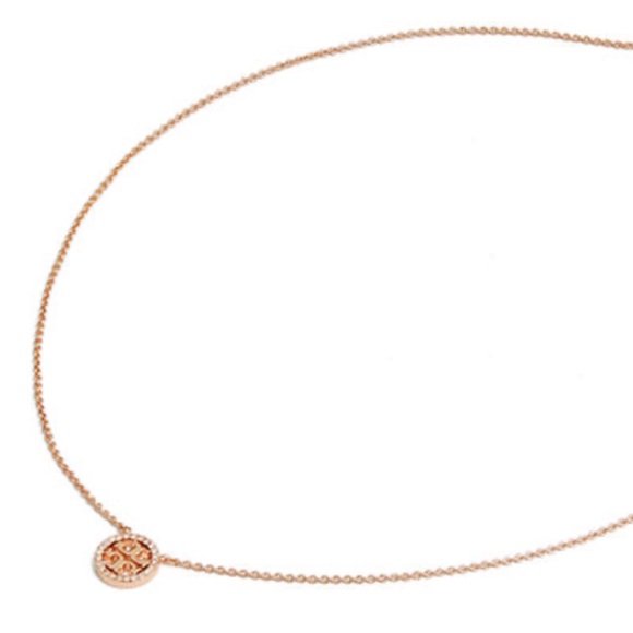 TORY BURCH • Rose Gold Delicate Crystal Logo Miller Necklace - Picture 3 of 9